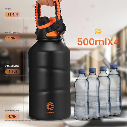 Fjbottle Insulated Half Gallon Water Bottle 64oz with Magnetic Lid,Stainless Steel Double-Wall Vacuum Leak Proof Sports Insulated Jug Keep Water Hot & Cold for Outdoor,Gym Blackorange