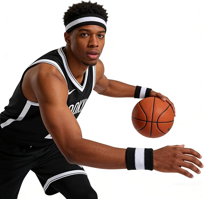 Sweatbands Headband and Wrist Set, Cotton Sweat Band for Athletic Men and Women, Sweatbands Sports Headbands for Working Out, Running, Basketball, Tennis, Yoga