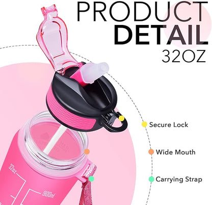 Hyeta 32 oz Water Bottles with Times to Drink and Straw, Motivational Water Bottle with Time Marker, Leakproof, Drinking Sports Water Bottle for Fitness, Gym and Outdoor