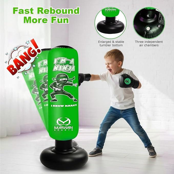 Marwan Sports Punching Bag for Kids with Boxing Gloves Ages 4-12 – 63" Inflatable Boxing Bag for Kids, Fast Rebound Set, Christmas & Birthday Gift for Boys & Girls