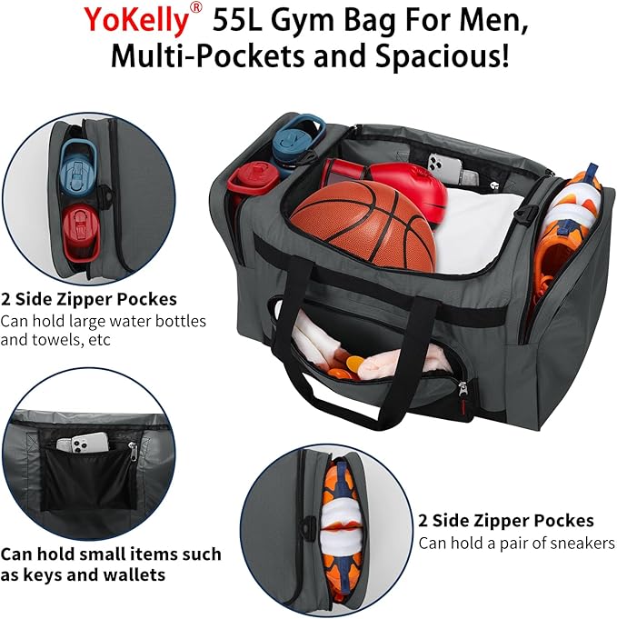 Gym Bag 22 inch Sport Duffle Bag for Men - 55L Weekender Duffel Bag for Travel 22“×12”×13“ - Dark Grey