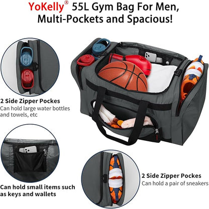 Gym Bag 22 inch Sport Duffle Bag for Men - 55L Weekender Duffel Bag for Travel 22“×12”×13“ - Dark Grey