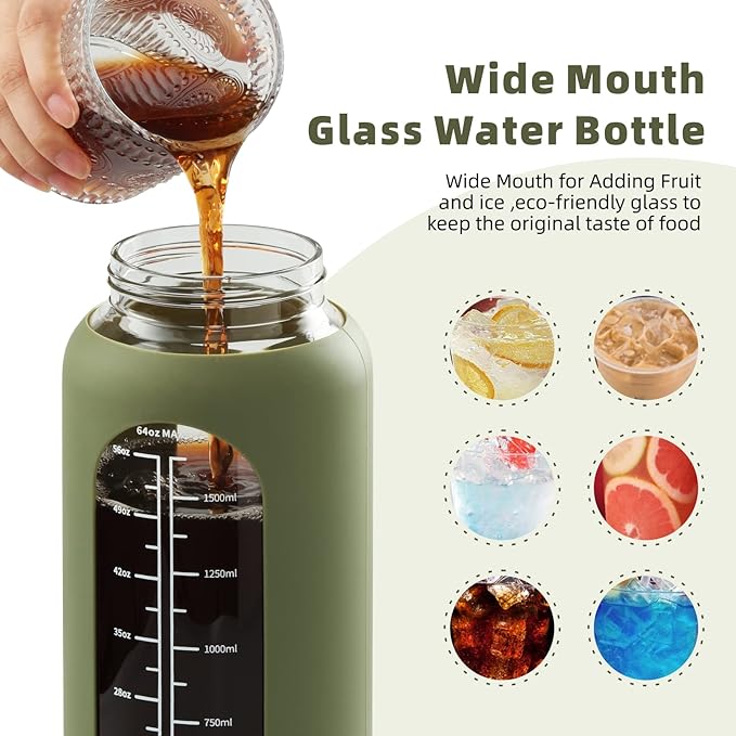 SIEROZUR 64 oz Glass Water Bottle with Straw and Handle Lid Half Gallon Motivational Glass Bottle with Silicone Sleeve and Time Marker Large Reusable Sports Water Jug for Gym Home Workout