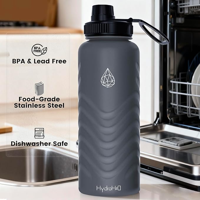 24oz Stainless Steel Insulated Water Bottle, 48H Ice Cold & 24H Hot, Leak-Proof Wide Mouth Lids (Straw & Spout), BPA-Free Bottles, Mens Water Bottle for Gym, Hiking, Travel - Grey