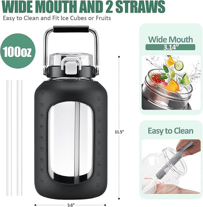 Large Glass Water Bottles with Stainless Steel Handle,100 oz Gallon Drinking Bottle with 2-in-1 Straw Lid,3 Liter Glass Water Jug with Silicone Sleeve,Wide Mouth,Black