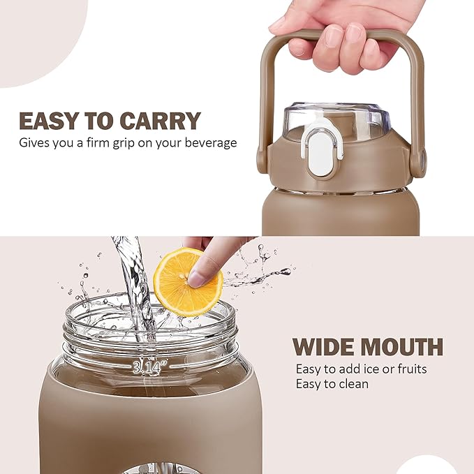 kytffu 64oz Glass Water Bottles with Straw, Half Gallon Motivational Glass Bottle with Silicone Sleeve and Time Marker, 2L Leakproof Large Glass Water Jug for Gym Home Office,Amber