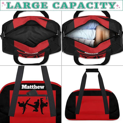 Custom Sports Gym Bag for Boys, Personalized Sports Gym Duffel Tote Workout Bag Named Rank Travel Overnight Training Bag, Martial Art Silhouette Black Red
