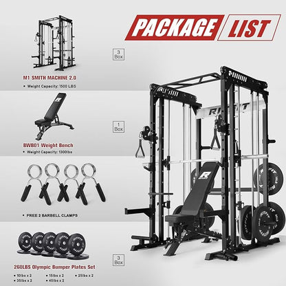 RitFit M1 Pro Smith Machine with Cable Crossover System, Multi-Function Squat Rack Power Cage for Home Gym, Power Rack and Packages