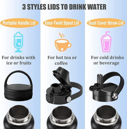 Water Bottle Insulated 32oz 40oz 64oz 128oz Straw Lid Spout Lid & 3 Lids, Leak Proof, Vacuum Insulated,Stainless Steel Water Bottle Wide Mouth for Sports, Gym or Office