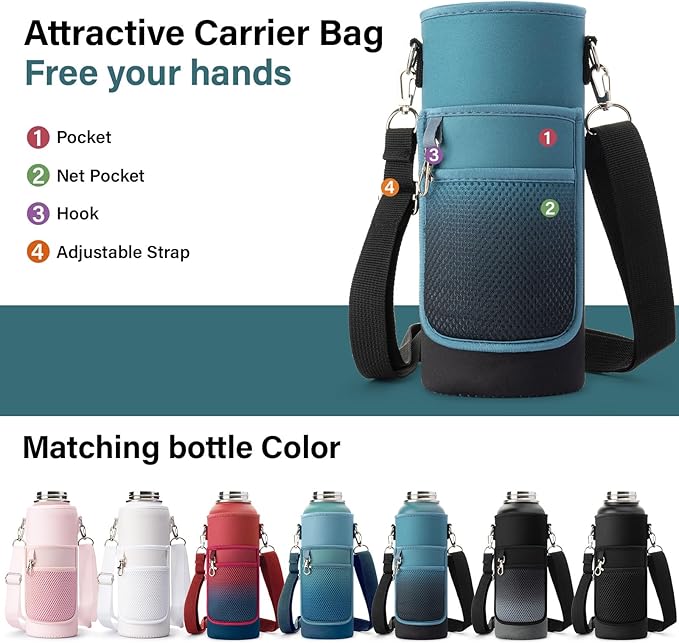 40 oz Insulated Water Bottle | Thickened Stainless Steel Vacuum Metal Portable Sports Water Jug for Gym and Hiking with Straw, Carrier Bag, Handle Strap | BPA-Free 40 oz