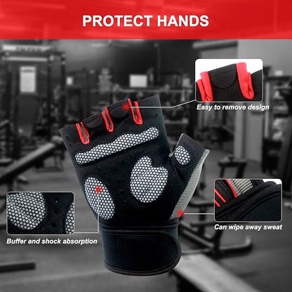 Workout Gloves for Men Women, Breathable Weight Lifting Gloves with Wrist Wraps Support for Gym, Exercise, Training and Fitness, Fingerless, Padded Full Palm Protection