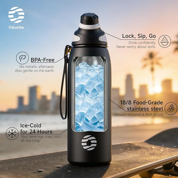 Fjbottle Insulated Stainless Steel Water Bottle, 32 Oz Leakproof Water Bottles, Ice Reusable Tumbler, Double Wall Vacuum Jug, Lightweight Durable for Traveling & Sports, Workout, 32oz