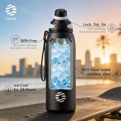 Fjbottle Insulated Stainless Steel Water Bottle, 32 Oz Leakproof Water Bottles, Ice Reusable Tumbler, Double Wall Vacuum Jug, Lightweight Durable for Traveling & Sports, Workout, 32oz