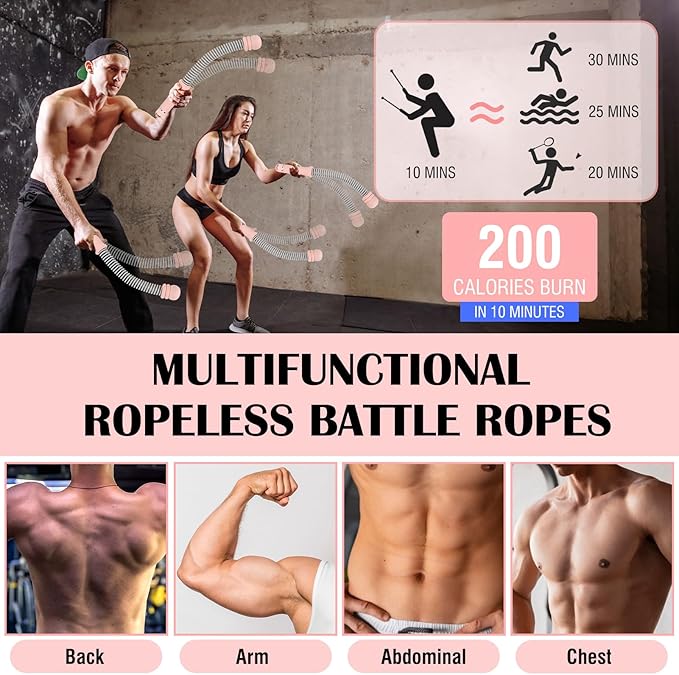 2PCS Ropeless Battle Ropes with Adjustable Weighted Ring-Battle, Cordless Battle Rope for Home Gym, HIIT Workout, Low-Impact Cardio, Strength Training, Portable Fitness Equipment for Women & Men