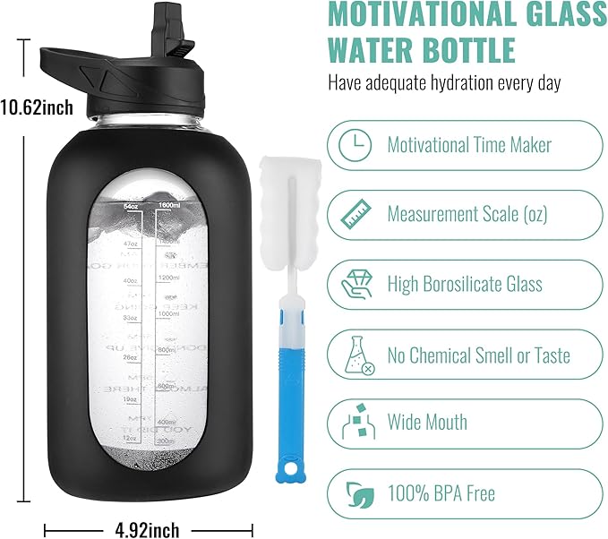 CIVAGO 64 oz Glass Water Bottle Jug with Straw and Handle, Half Gallon Sports Motivational Water Bottle with Time Marker, Wide Mouth Water Flask Canteen with Silicone Sleeve for Gym,Camelia