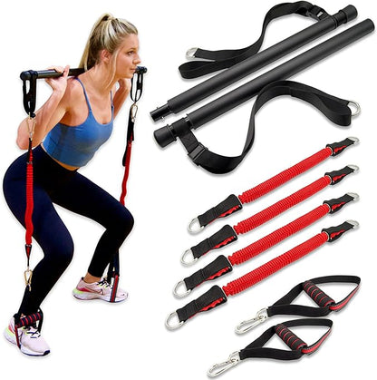 Black Mountain Products Portable Pilates Bar Kit with Resistance Bands - Adjustable Barbell Height and Tension Up to 120lbs - Home Gym Equipment