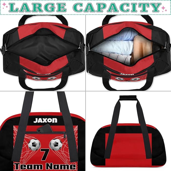 Custom Team Name Number Sports Soccer Bag for Boys, Personalized Gym Bag Sports Travel Duffle Bag Tote Carry On Weekend Sports Travel Workout Bag, 3D Effect Soccer Geometric Blue Pattern