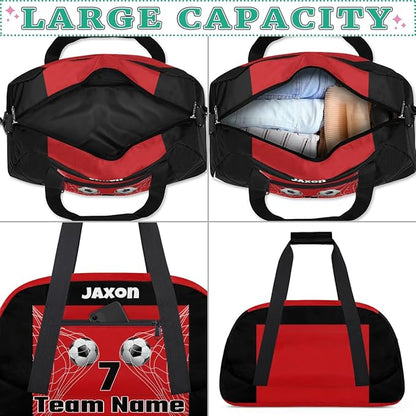 Custom Team Name Number Sports Soccer Bag for Boys, Personalized Gym Bag Sports Travel Duffle Bag Tote Carry On Weekend Sports Travel Workout Bag, 3D Effect Soccer Geometric Blue Pattern