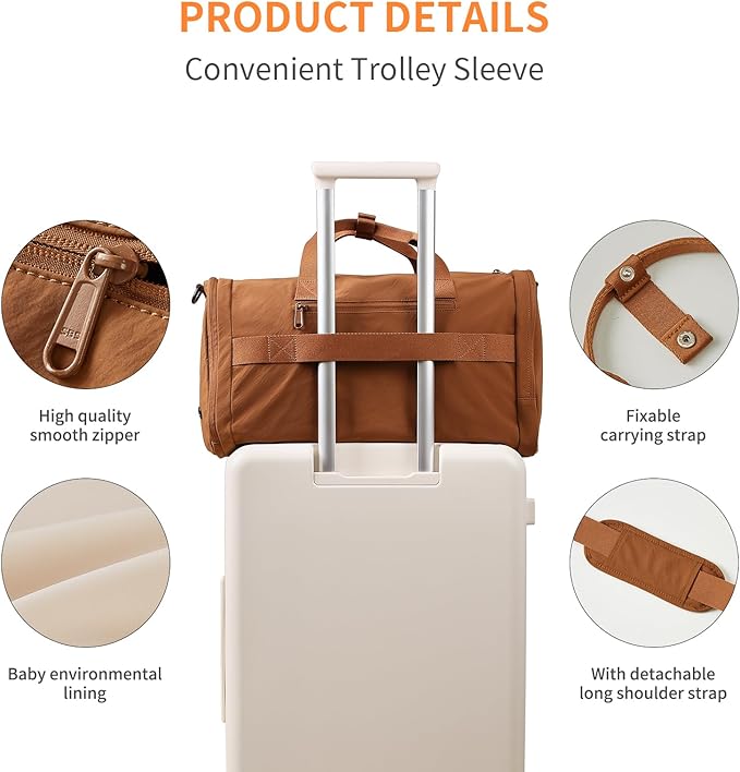 Aji Foldable Gym Bag for Women Men with Shoes Compartment, 3 in 1 Carry on Travel Duffel Bag with Trolley Sleeve, Lightweight&Water Resistant Duffel Bag for Travel, Sports, Fitness&Workout,Warm Brown