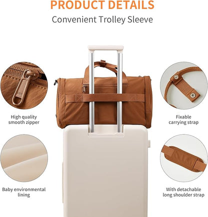 Aji Foldable Gym Bag for Women Men with Shoes Compartment, 3 in 1 Carry on Travel Duffel Bag with Trolley Sleeve, Lightweight&Water Resistant Duffel Bag for Travel, Sports, Fitness&Workout,Warm Brown