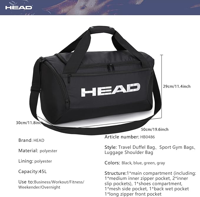 HEAD 45L Waterproof Gym Duffle Bag for Men, Large Capacity Sports Bag with Shoe Compartment & Dry Wet Pocket, Durable Crossbody Weekender Bag for Tennis, Workout, Fitness, Overnight Travel