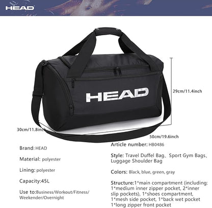 HEAD 45L Waterproof Gym Duffle Bag for Men, Large Capacity Sports Bag with Shoe Compartment & Dry Wet Pocket, Durable Crossbody Weekender Bag for Tennis, Workout, Fitness, Overnight Travel