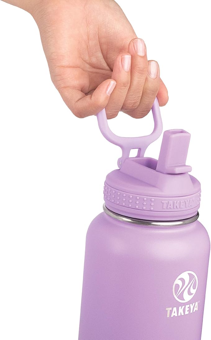 Takeya Actives Stainless Steel Water Bottle, Insulated Spout Lid, Keeps Drinks Cold 24 Hrs, Leakproof, Durable, Dishwasher Safe, Ideal for Gym, Travel, Fits Most Cup Holders, 32 oz/Lilac