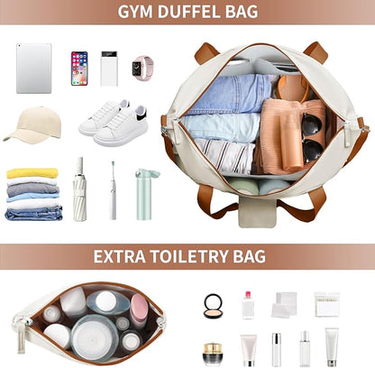 ETRONIK Gym Bag for Women, 45L Carry On Travel Duffel Bag with Shoes Compartment, Weekender Overnight Bag with Wet Pocket & USB Charging Port for Women, Travel, Gym, Large Size (Black White Brown)