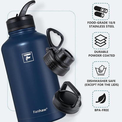 Fanhaw 64 oz Insulated Water Bottle – Large Stainless Steel Jug with 3 Lids (Straw, Spout, Carabiner) | Heavy-Duty, for Camping, Backpacking, Long Hikes & Outdoor Work (Navy Blue)