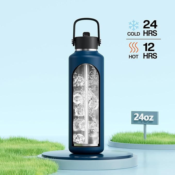 POWCAN 24 oz Water Bottle Insulated: BPA-Free, Leakproof Lid with Straw, Lightweight, Flex Cap, Stainless Steel Insulated Flask for Office, Men, Gym, Commute, Worker, Walking, Cycling (Indigo Blue)