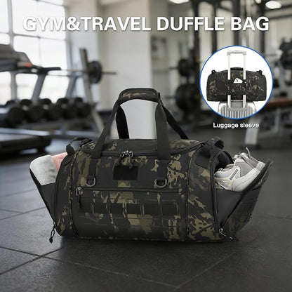 Gym Bag for Men Women 45L Sports Duffle Bag for Travel Tactical Military Duffel Bag with Shoe & Laptop Compartment Lightweight Medium Weekender Travel Bags for Fitness Training Workout, Camo