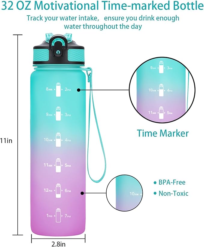 EYQ 32 oz Water Bottle with Time Marker, Carry Strap, Leak-Proof Tritan BPA-Free, Ensure You Drink Enough Water for Fitness, Gym, Camping, Outdoor Sports