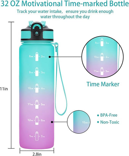 EYQ 32 oz Water Bottle with Time Marker, Carry Strap, Leak-Proof Tritan BPA-Free, Ensure You Drink Enough Water for Fitness, Gym, Camping, Outdoor Sports
