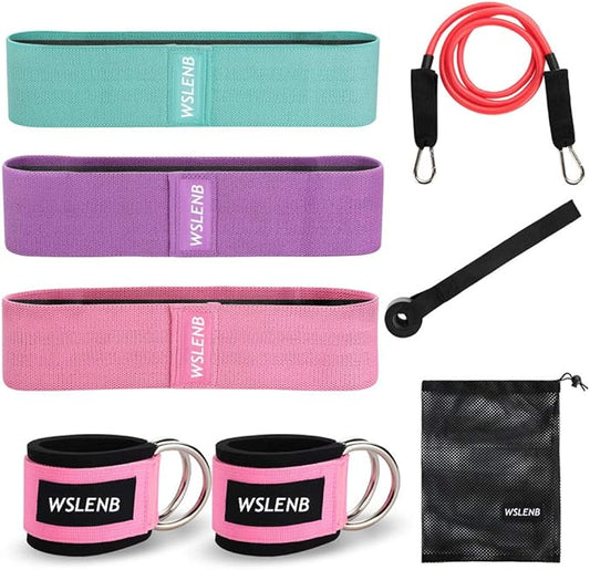 8 Pcs Resistance Bands Set Workout Bands for Leg and Butt, Fabric Non Slip Training Exercise Band with 2 Legs Ankle Straps Door Anchor for Men Women Home Fitness Gym Yoga Squat Glute