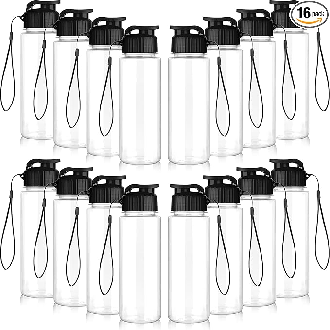 16 Pack Bulk Water Bottles-17oz Plastic Sports Water Bottles for Kids and Adults Leak Proof, Reusable for Gym Travel School Office, Black