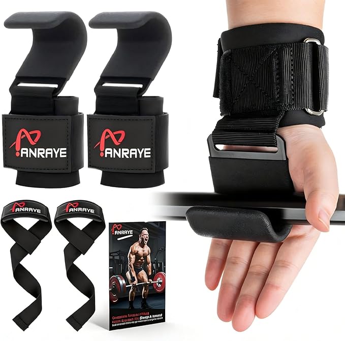 Weight Lifting Hooks & Wrist Straps Set – Lifting Hooks with Anti-Slip Grip, Adjustable Wrist Wraps for Weightlifting, Deadlifts, Powerlifting, Gym Straps for Men and Women, Black-Red