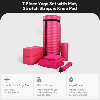 BalanceFrom 7-Piece Yoga Set with 71x24x1 Inches Extra Thick Mat and Carrying Sling – Includes 2 Blocks, Stretch Strap, 2 Towels, and Knee Pad for Home, Studio, and Gym Workouts