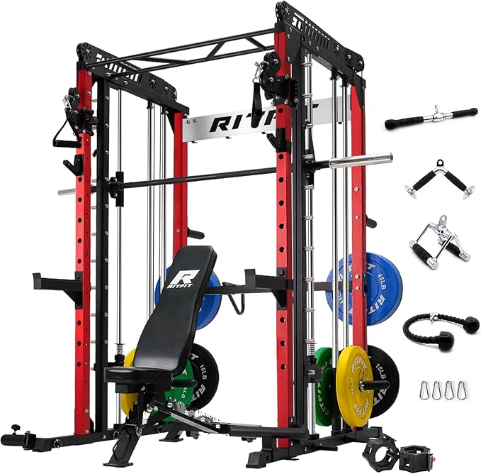 RitFit M1 Pro Smith Machine with Cable Crossover System, Multi-Function Squat Rack Power Cage for Home Gym, Power Rack and Packages