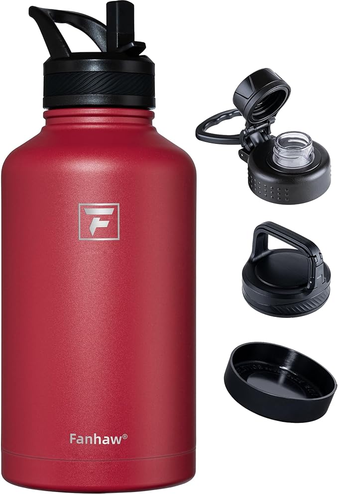 Fanhaw 64 oz Insulated Water Bottle – Large Stainless Steel Jug with 3 Lids (Straw, Spout, Carabiner) | Heavy-Duty, for Camping, Backpacking, Long Hikes & Outdoor Work (Red)