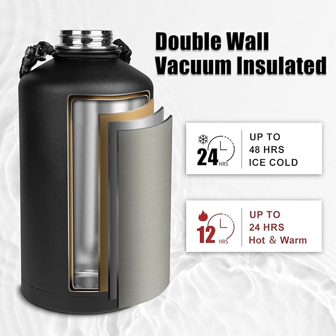 64oz Water Bottle with Powder Coated, Stainless Steel Insulated Water Bottle with Straw Lids&Paracord Handle, Half Gallon Water Bottle Double Wall Leak-proof BPA Free, Water Jug Keep Cold&Hot