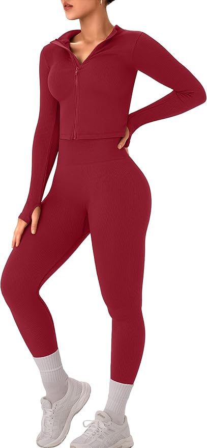 OLCHEE Womens Workout Sets 2 Piece Seamless Ribbed Long Sleeve Yoga Outfits High Waist Leggings Zipper Jacket Thumb Hole Gym