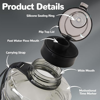 Large Water Bottle with Motivational Time Marker, 74oz Water Jug with Handle Leak-Proof, Clear Sport half gallon water Bottle for Gym Camping Workout Outdoors