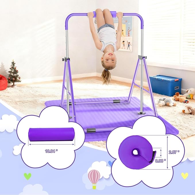 Safly Fun Foldable Gymnastics Bar for Kids, Adjustable 35"-51", Sturdy 145 lbs Capacity, Easy-to-Assemble, Gymnastics Equipment for Kids for Indoor/Outdoor Training