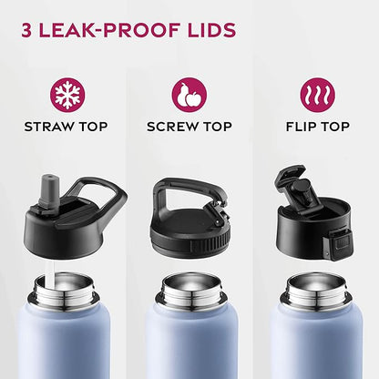 FineDine Triple Walled, Insulated Water Bottles with Straw - 25 Oz Stainless Steel Metal Bottle W/ 3 Leak Proof Lids - For Travel, School, Sports, Gym/Men, Women & Kids - Powder Steel Blue