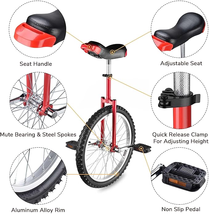AW 16/18/20/24 Inch Wheel Outdoor Unicycle Adjustable Seat Exercise Bicycle Fit Adults Kids Outdoor Sports Fitness Exercise, for Choice
