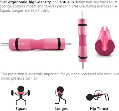 RitFit 7 Pcs Barbell Squat Pad Set, with Resistance Band, 2 Safety Straps, 2 Gym Ankle Straps & Carry Bag, Upgraded Neck & Shoulder Protective Pad Support for Squats, Lunges & Hip Thrust (Pink/Black)