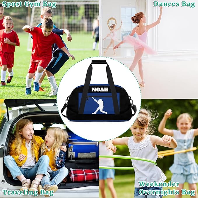 Personalized Sports Training Bag for Boys, Custom Name Baseball Carry On Weekender Gymnastics Gym Bag for Men Travel Business Trip, Playing Baseball Silhouette Blue and Black Background
