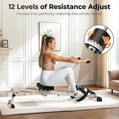 FEIERDUN Hydraulic Rowing Machine for Home, Compact Adjustable Rower with 12 Resistance Levels, 300LBS Weight Capacity, Full Body Workout Equipment