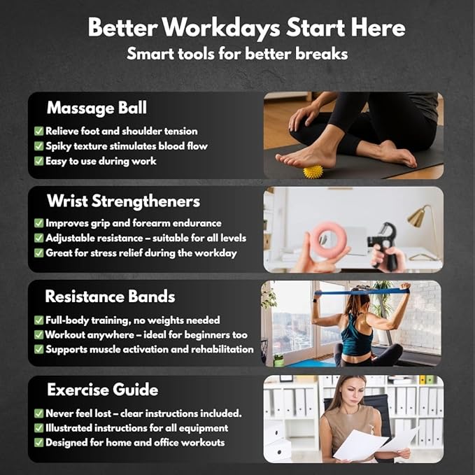 Office Workout Kit for Desk Workers – Resistance Bands, Loop Bands, Massage Ball, Wrist Strengthener & Exercise Guide – Quick 5-Minute Desk Exercises for Legs, Arms, Neck, Shoulders & Back