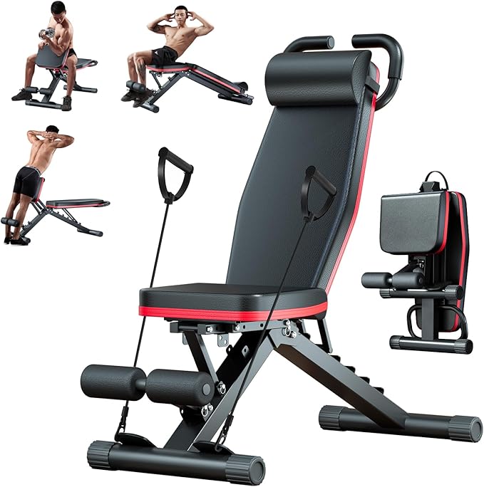 ALSO GO Adjustable Weight Bench, Workout Benches with Leg Extension & Extended Headrest, Foldable Incline Decline Bench Press, Roman Chair, Full Body Strength Training Equipment for Home Gym